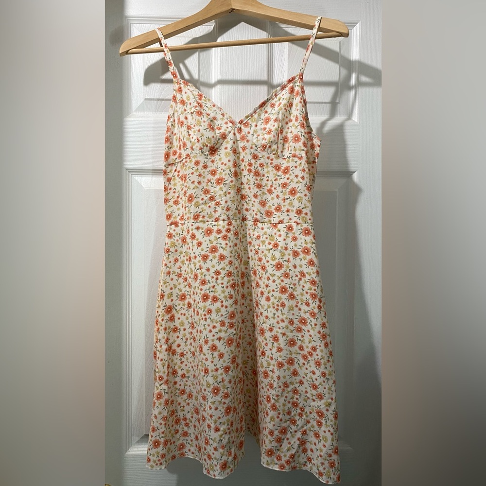 Ruched Bust Allover Floral Print Cami Dress White With Peach And Yellow Flowers
